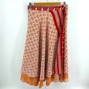 Urban Nomad 100% silk hippie boho layered tiered reversible wrap midi/maxi skirt